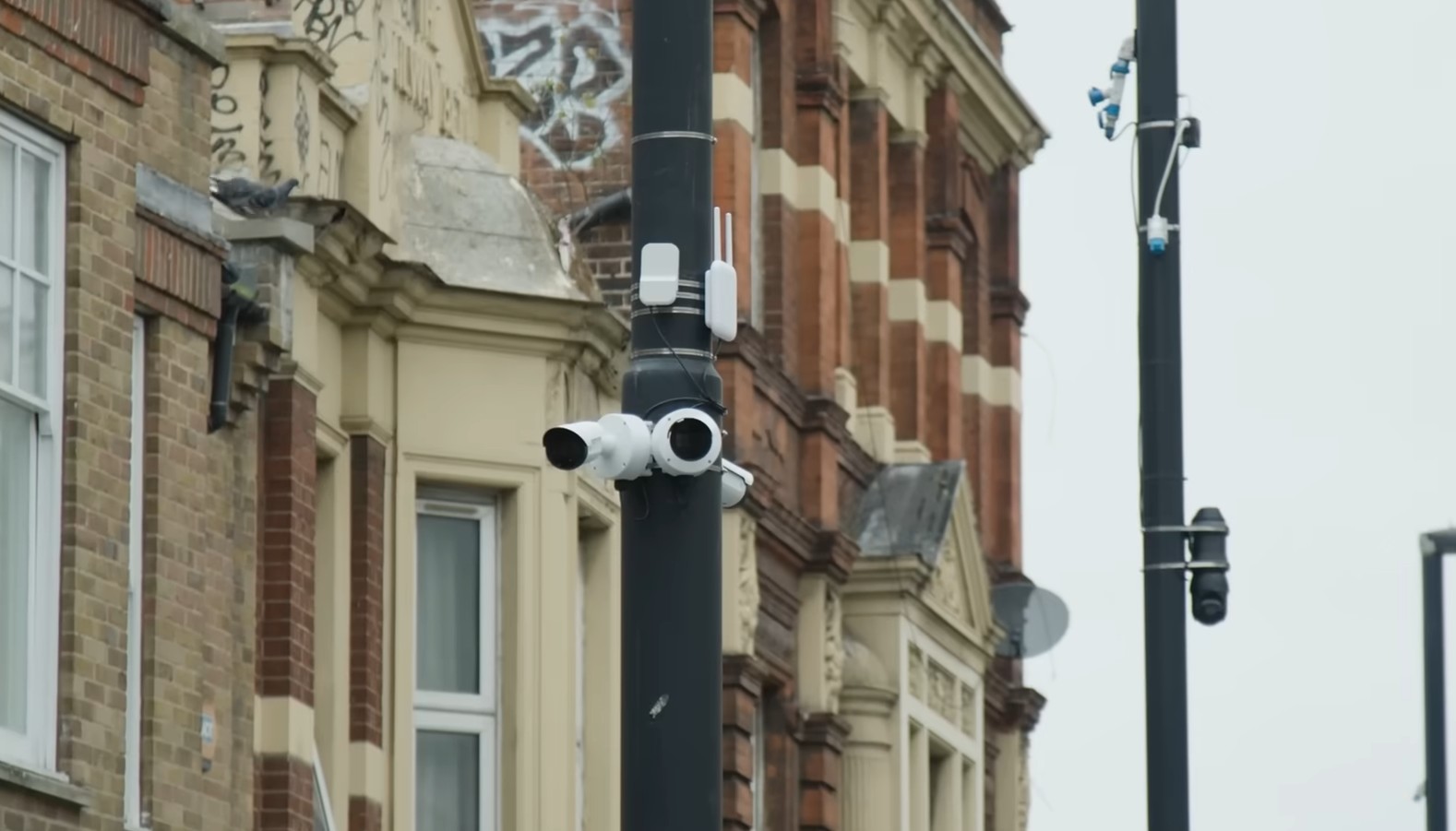 Facial recognition cameras on a lamp post in Croydon