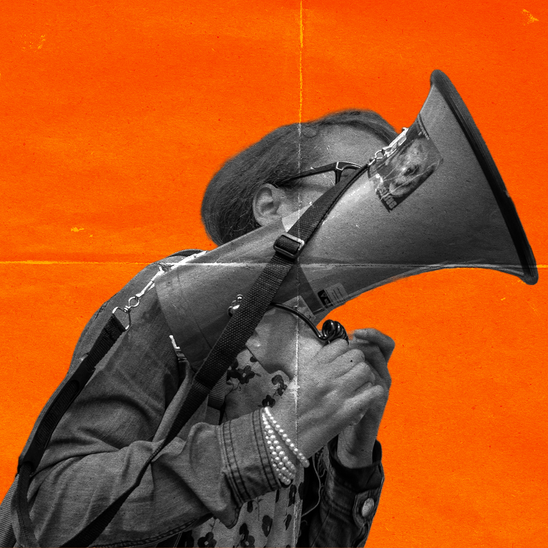 Student using megaphone at rally
